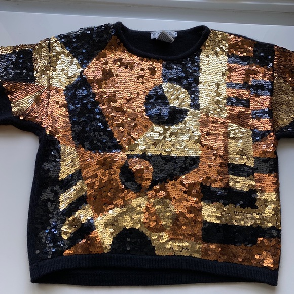 Vintage Semplice Sequin Metallic Front Design Black Wool Cropped Sweater EUC Med - Picture 11 of 16
